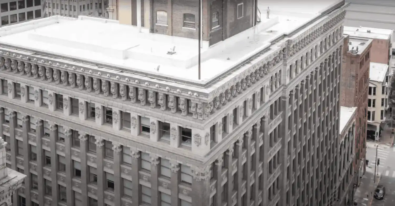 Aerial view of a historic downtown building renovation with detailed architecture