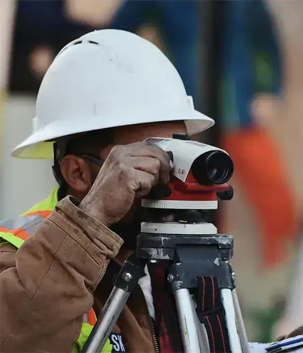 Construction worker using a theodolite for surveying at a building site.