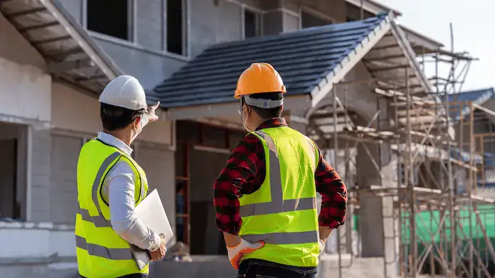 Construction workers in safety gear inspecting a building under construction.