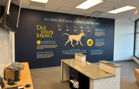 Post-construction snapshot of lobby interior with custom graphics installation